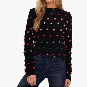 CeCe black Pom Pom knit holiday sweater.